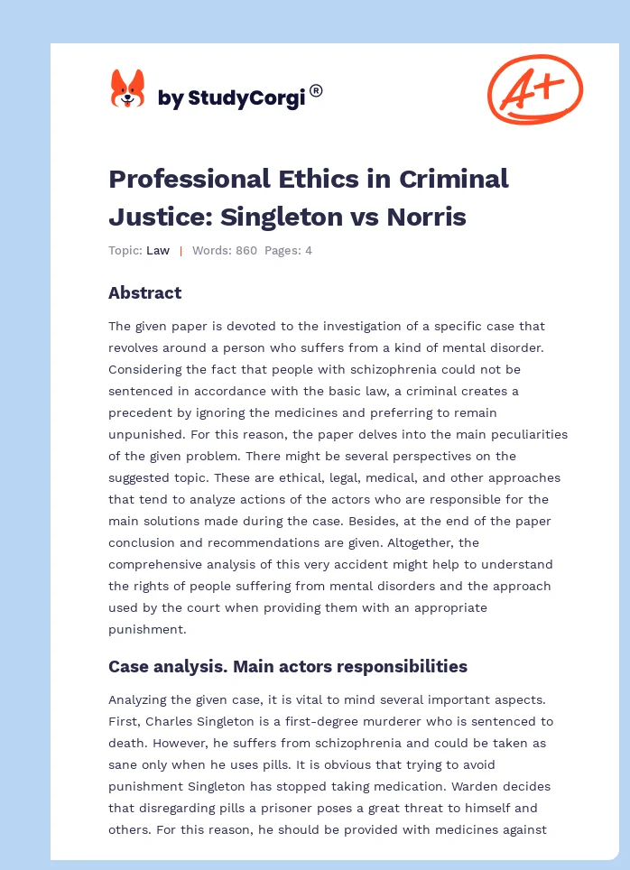 Professional Ethics in Criminal Justice: Singleton vs Norris. Page 1