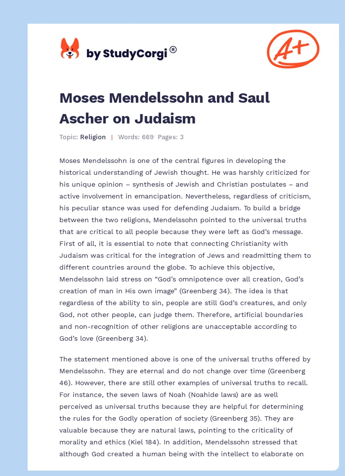 Moses Mendelssohn and Saul Ascher on Judaism. Page 1