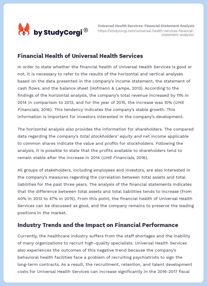 Universal Health Services: Financial Statement Analysis. Page 2