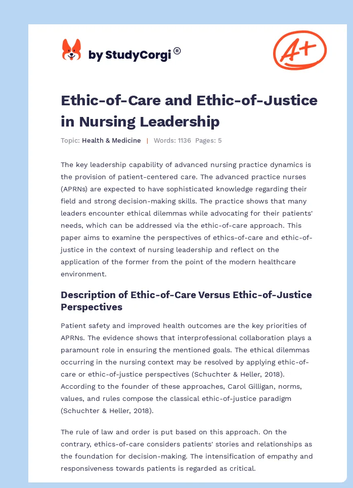 Ethic-of-Care and Ethic-of-Justice in Nursing Leadership. Page 1