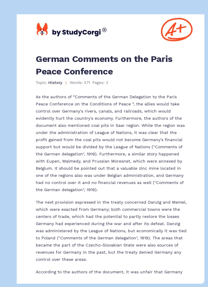 German Comments on the Paris Peace Conference. Page 1