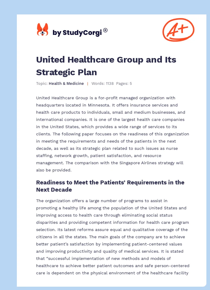 United Healthcare Group and Its Strategic Plan. Page 1