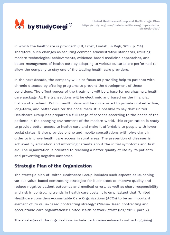 United Healthcare Group and Its Strategic Plan. Page 2