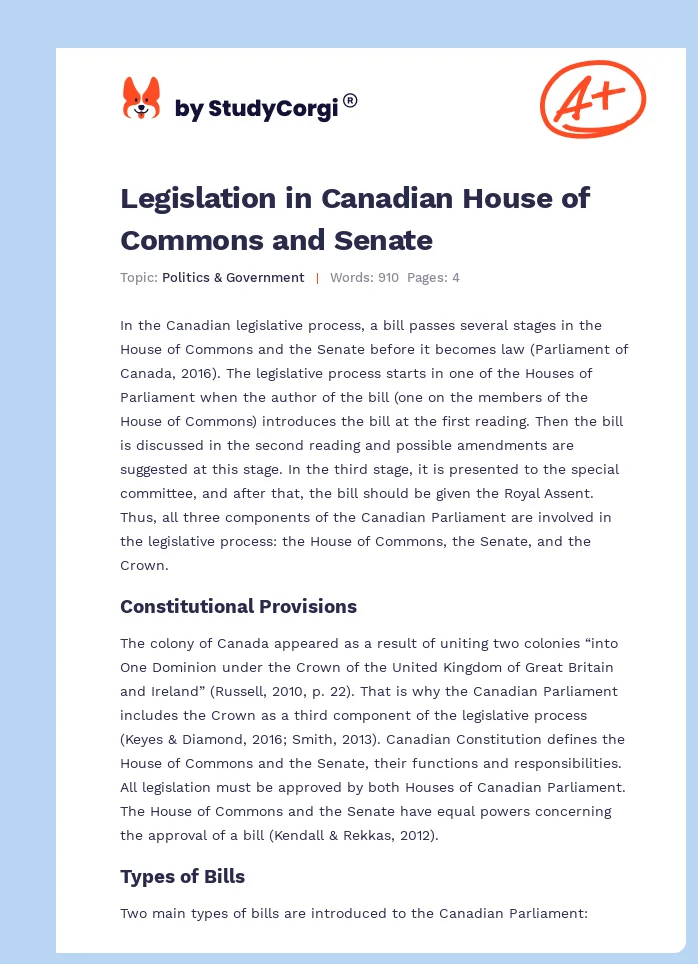 Legislation in Canadian House of Commons and Senate. Page 1