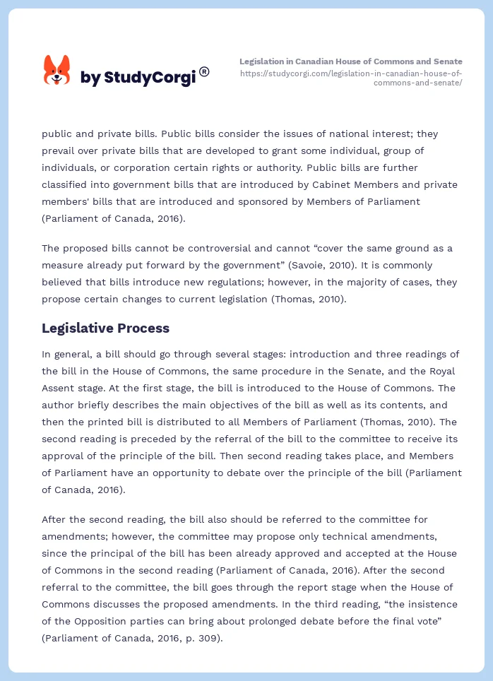 Legislation in Canadian House of Commons and Senate. Page 2