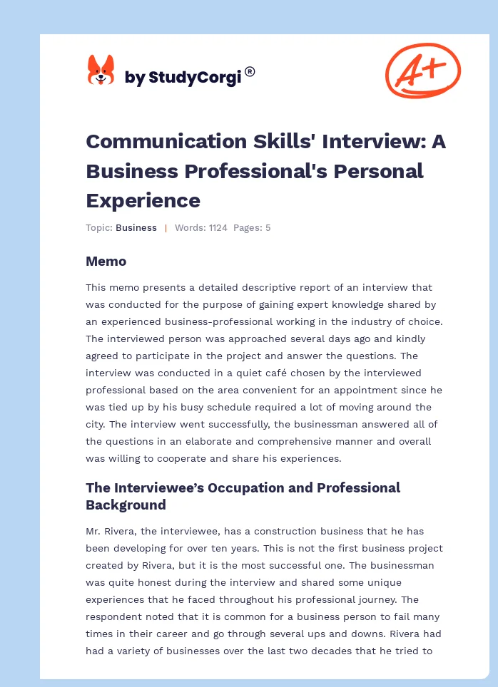 Communication Skills' Interview: A Business Professional's Personal Experience. Page 1