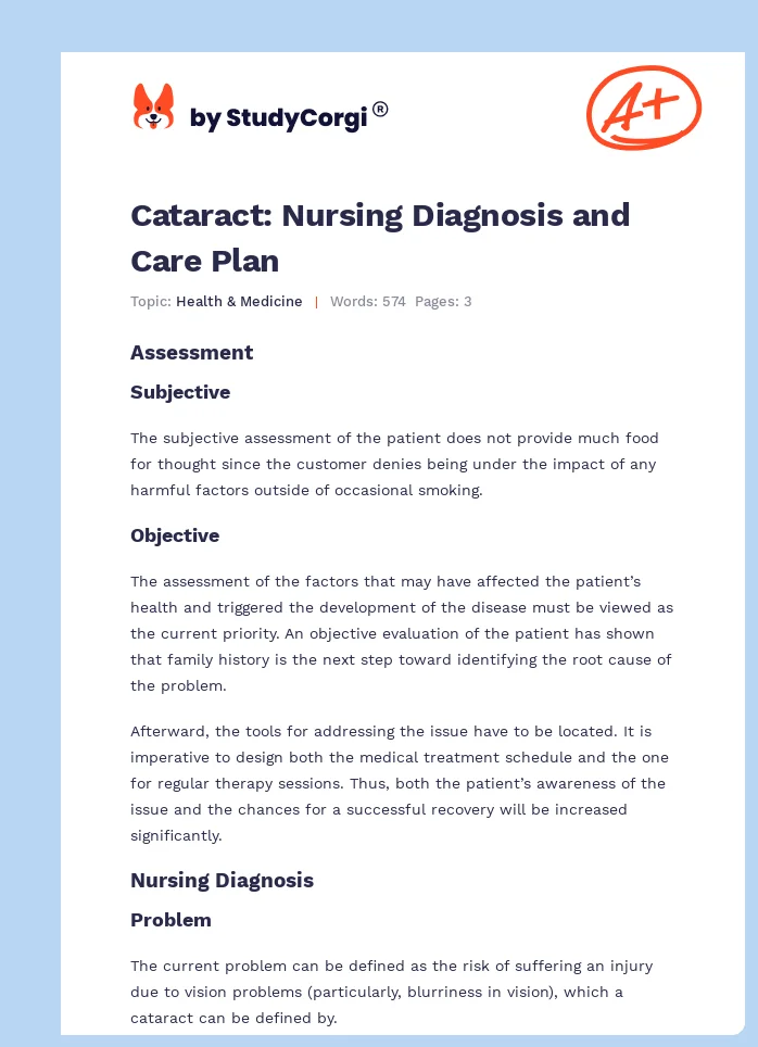 Cataract: Nursing Diagnosis and Care Plan. Page 1