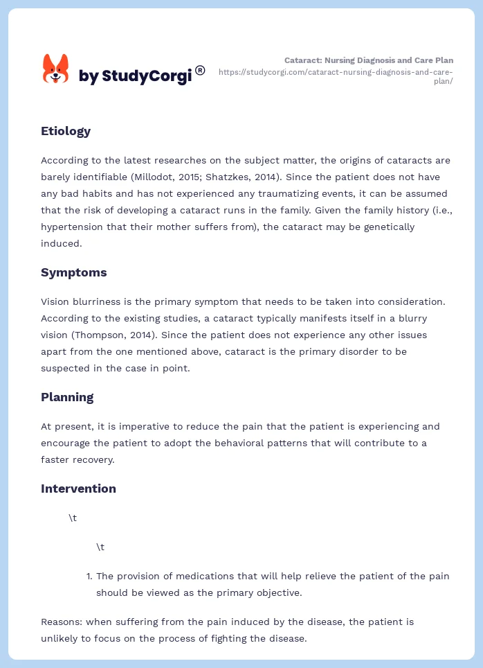 Cataract: Nursing Diagnosis and Care Plan. Page 2
