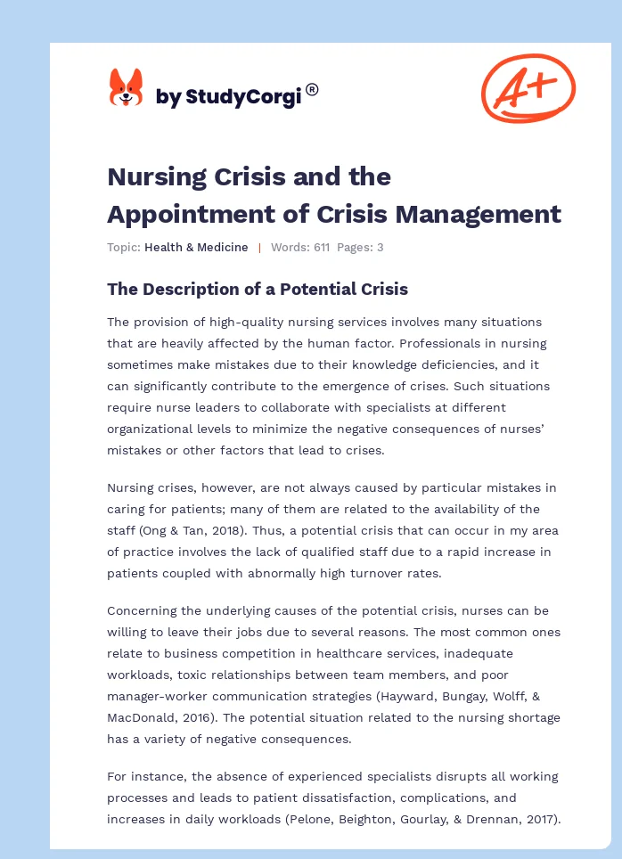 Nursing Crisis and the Appointment of Crisis Management. Page 1