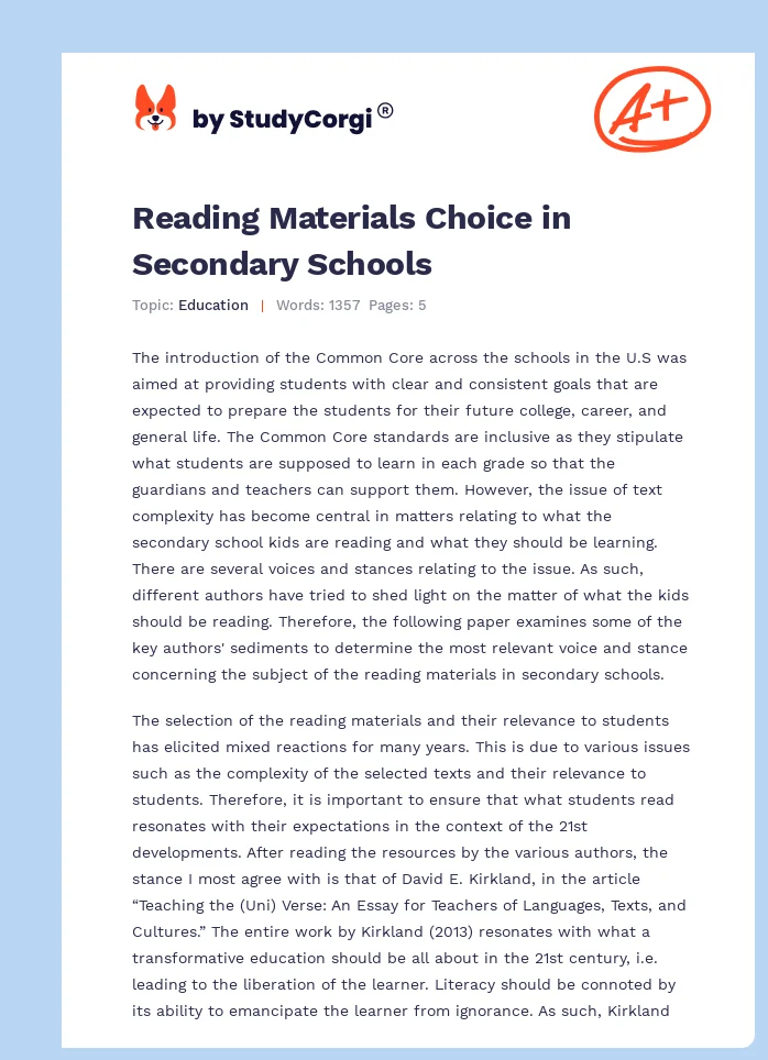 Reading Materials Choice in Secondary Schools. Page 1