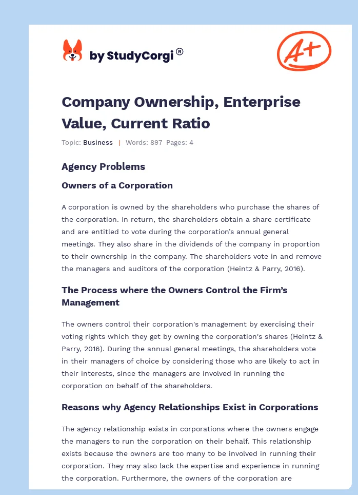 Company Ownership, Enterprise Value, Current Ratio. Page 1