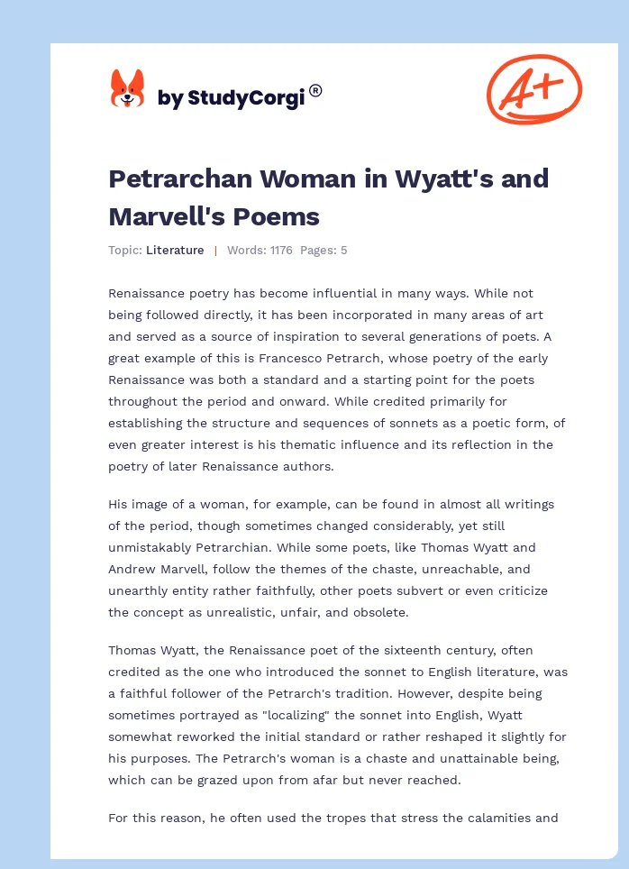 Petrarchan Woman in Wyatt's and Marvell's Poems. Page 1