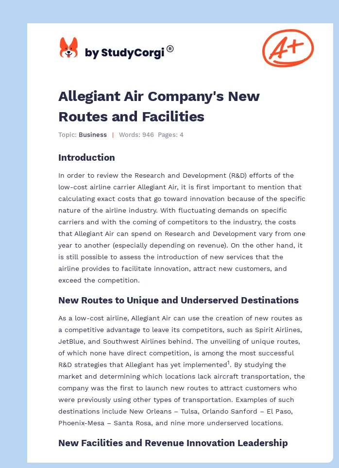Allegiant Air Company's New Routes and Facilities. Page 1