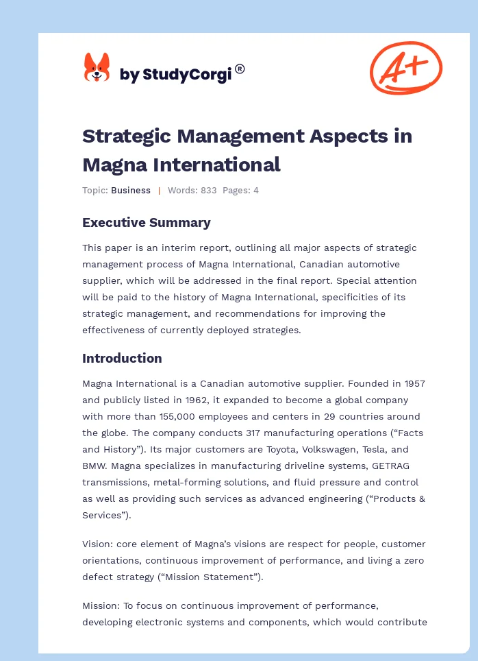 Strategic Management Aspects in Magna International. Page 1