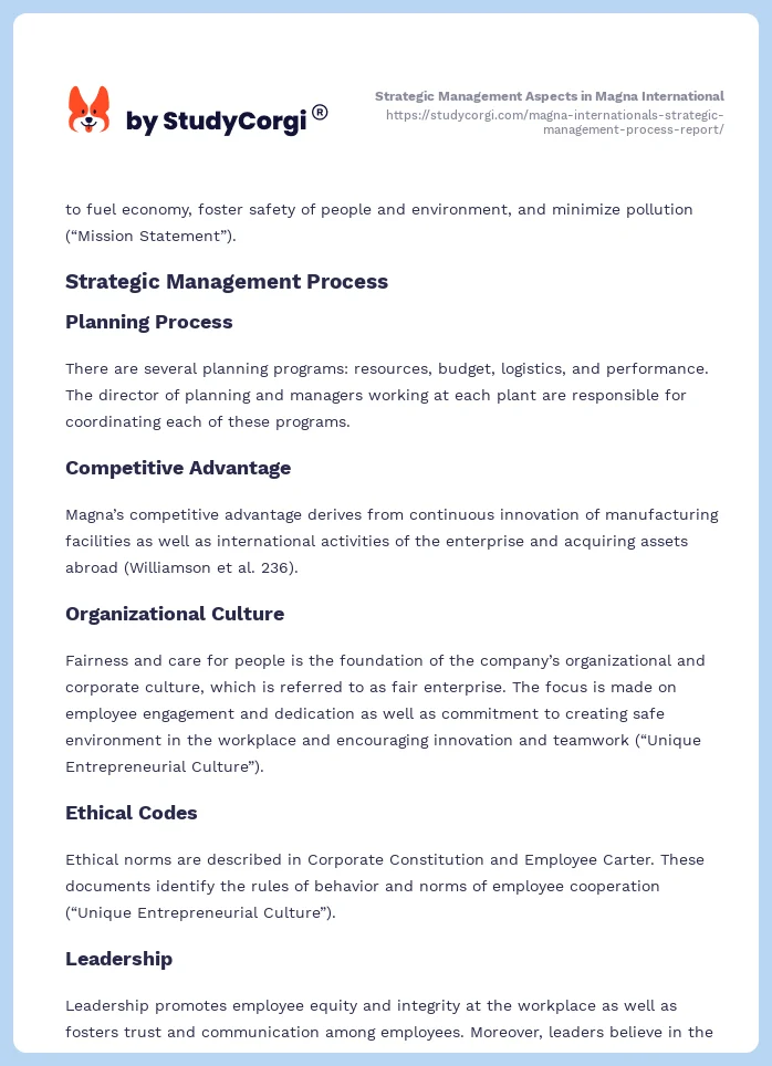 Strategic Management Aspects in Magna International. Page 2