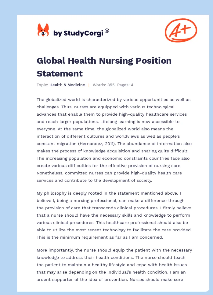 Global Health Nursing Position Statement. Page 1