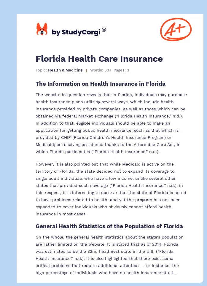 Florida Health Care Insurance. Page 1