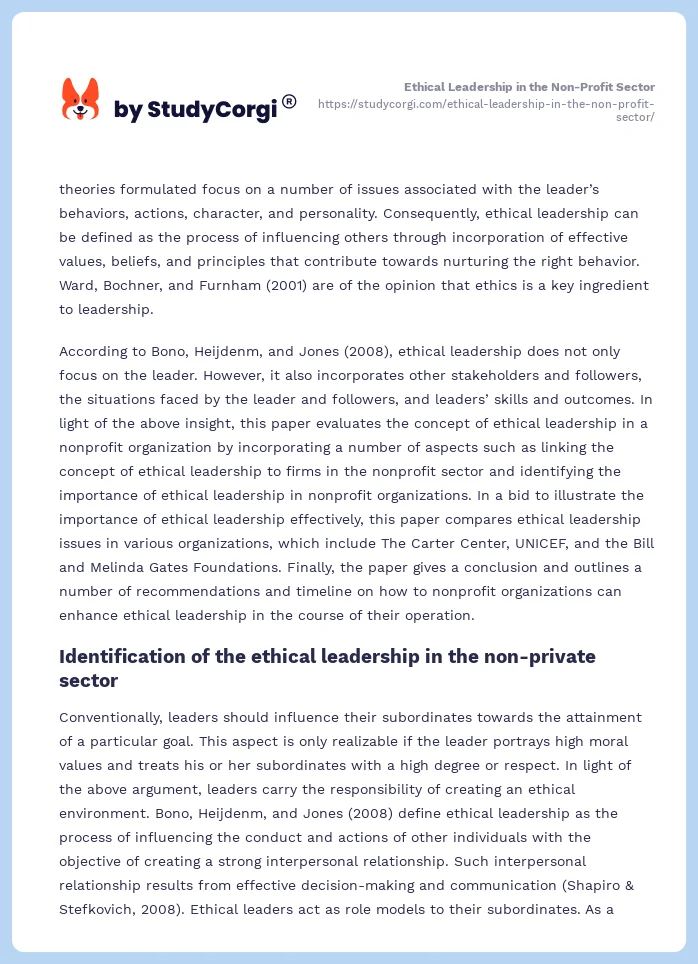 Ethical Leadership in the Non-Profit Sector. Page 2