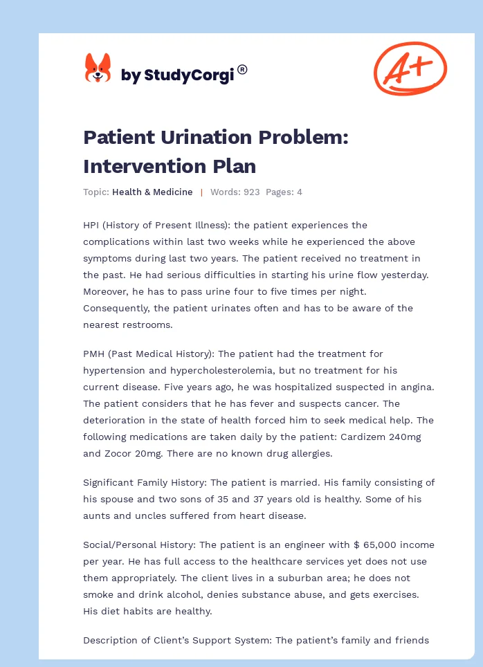 Patient Urination Problem: Intervention Plan. Page 1