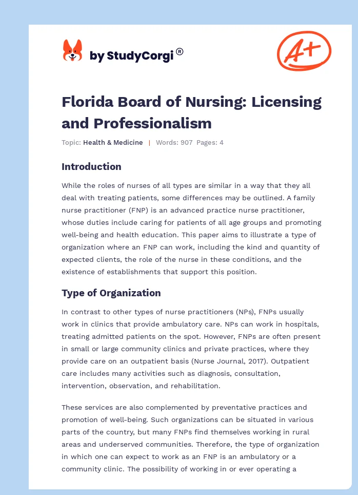 Florida Board of Nursing: Licensing and Professionalism. Page 1