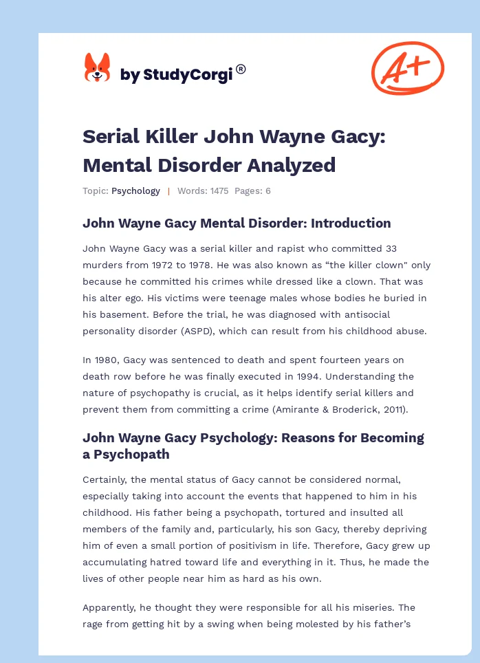 Serial Killer John Wayne Gacy: Mental Disorder Analyzed. Page 1