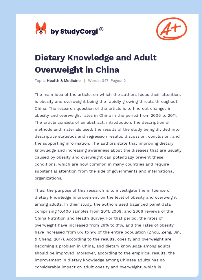 Dietary Knowledge and Adult Overweight in China. Page 1