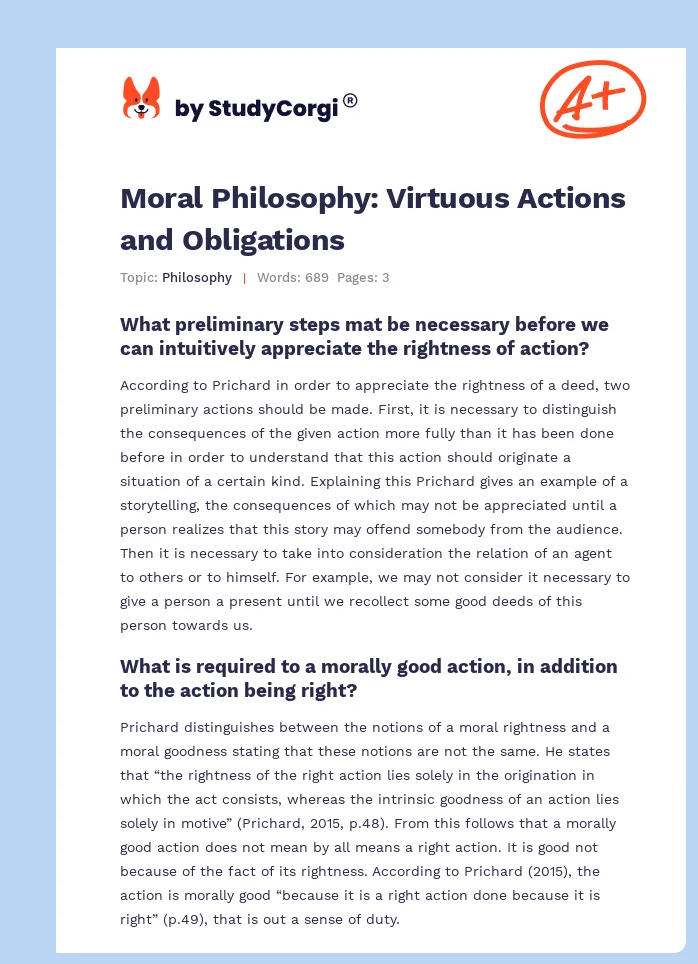 Moral Philosophy: Virtuous Actions and Obligations. Page 1