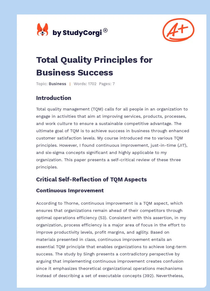 Total Quality Principles for Business Success. Page 1