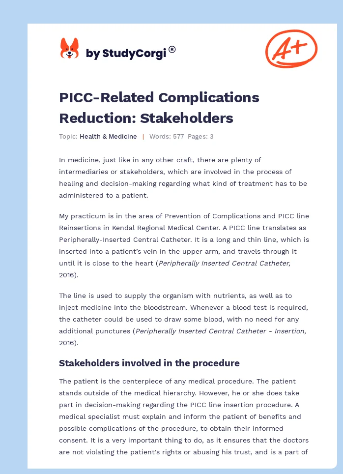 PICC-Related Complications Reduction: Stakeholders. Page 1