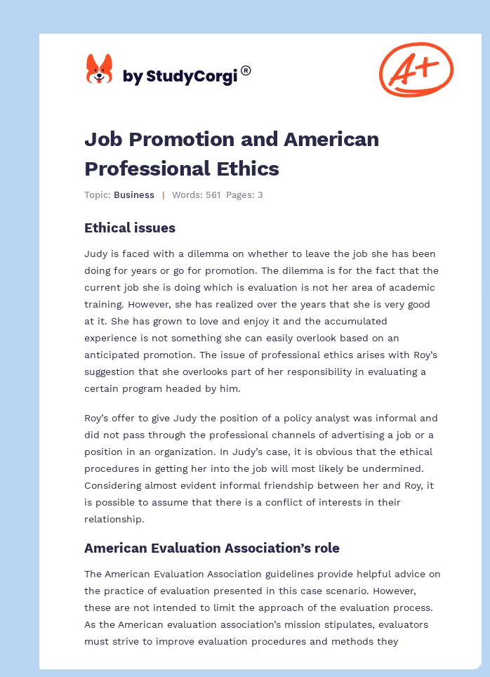 Job Promotion and American Professional Ethics. Page 1
