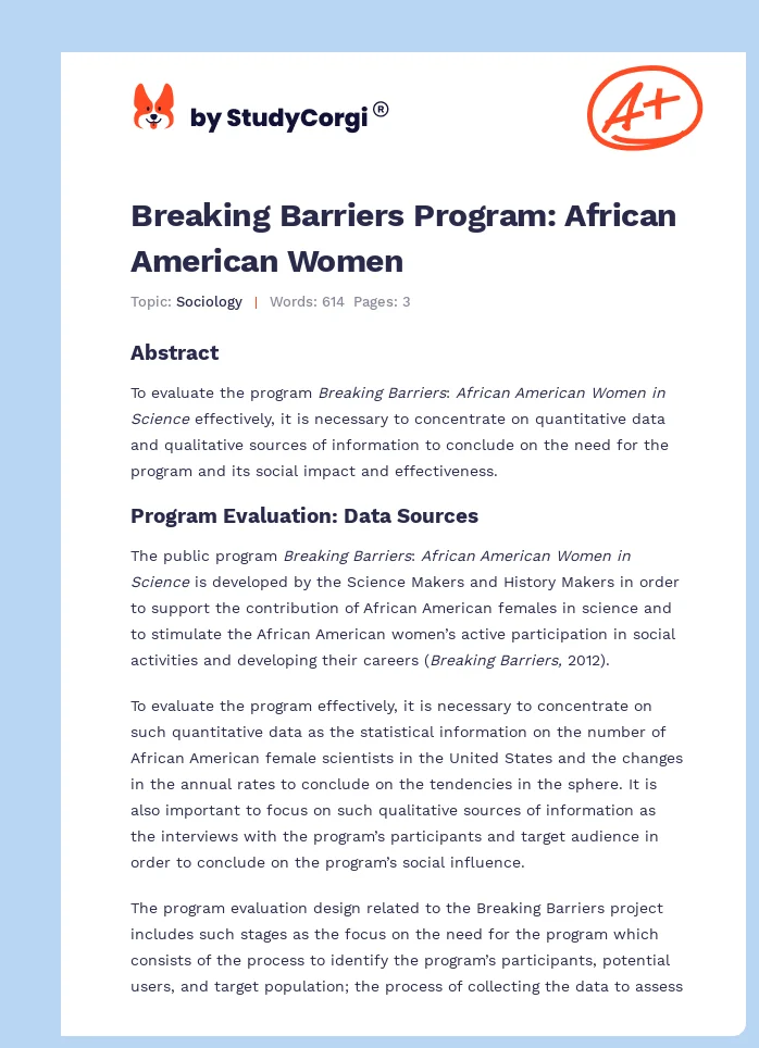 Breaking Barriers Program: African American Women. Page 1