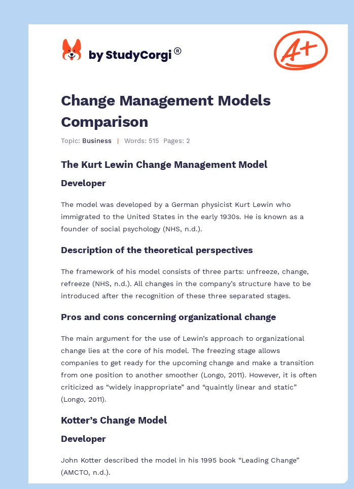 Change Management Models Comparison. Page 1
