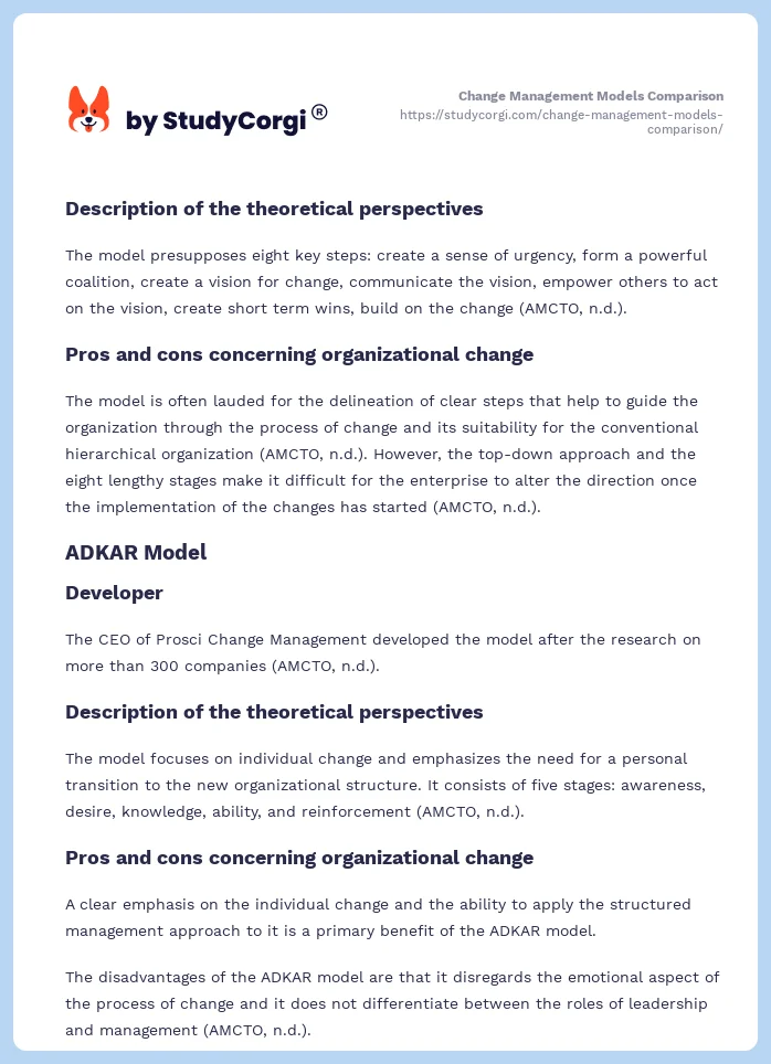 Change Management Models Comparison. Page 2