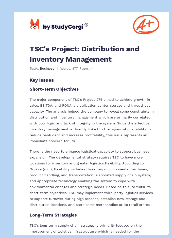 TSC's Project: Distribution and Inventory Management. Page 1