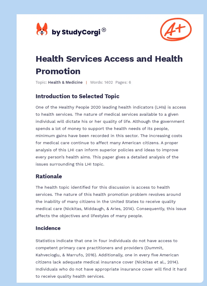 Health Services Access and Health Promotion. Page 1