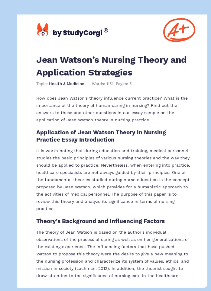 Jean Watson’s Nursing Theory and Application Strategies. Page 1