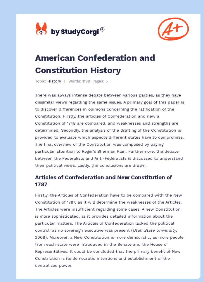 American Confederation and Constitution History. Page 1