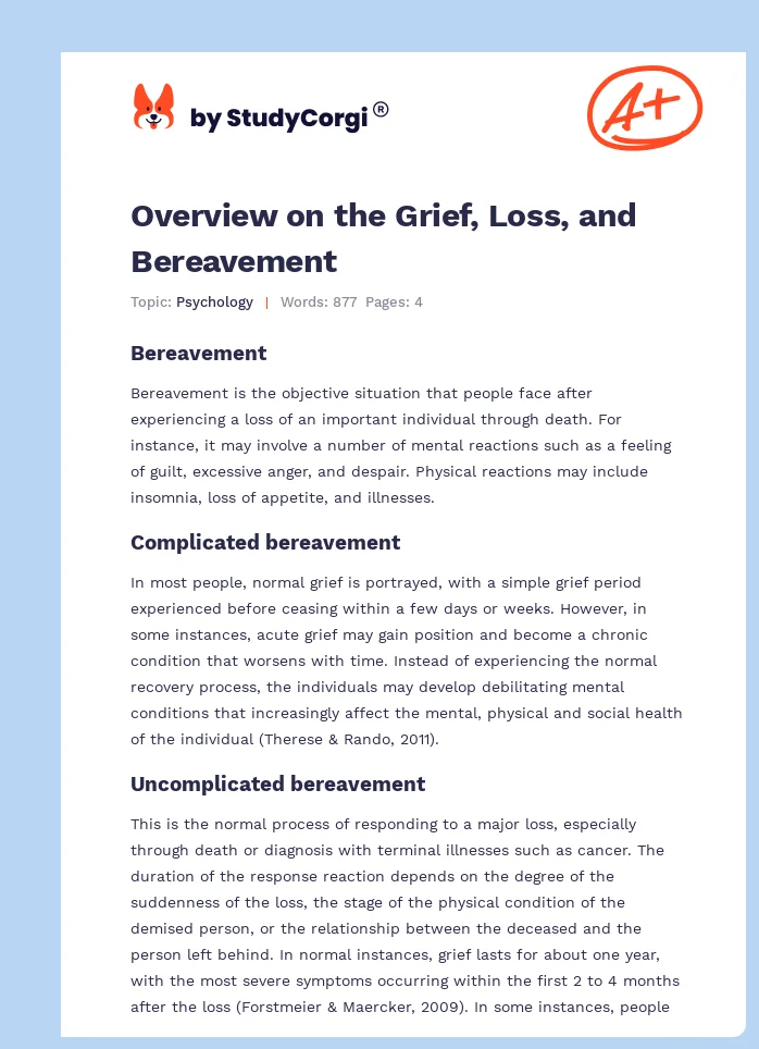 Overview on the Grief, Loss, and Bereavement. Page 1