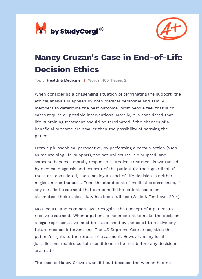 Nancy Cruzan's Case in End-of-Life Decision Ethics. Page 1