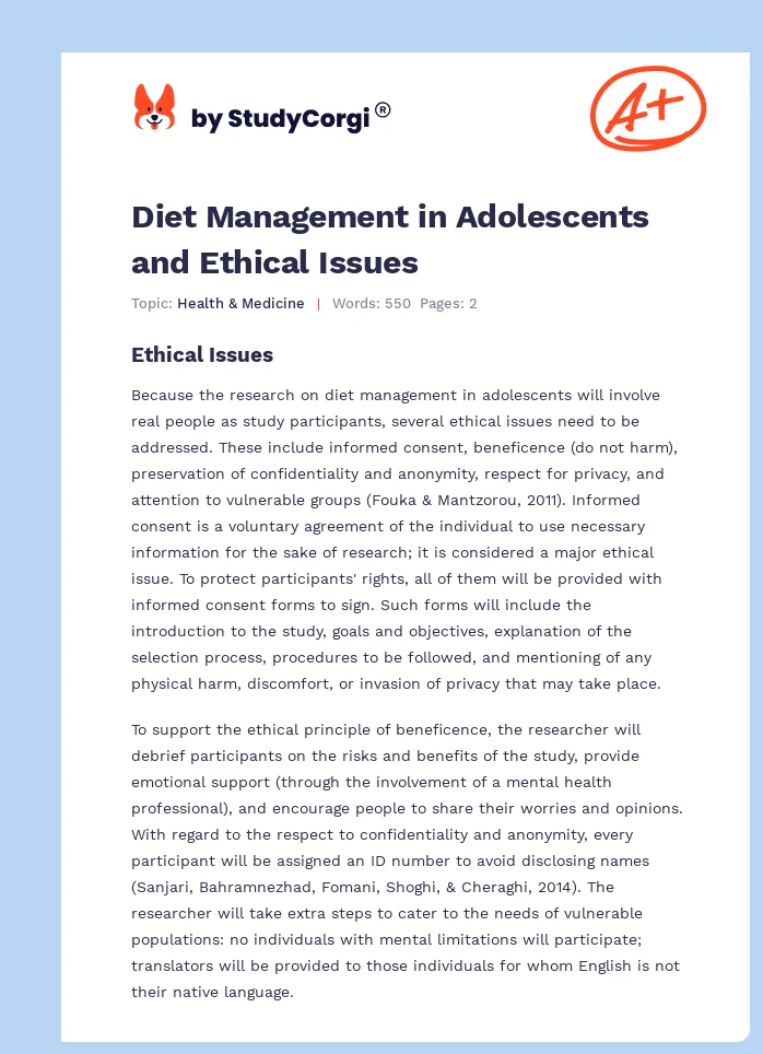 Diet Management in Adolescents and Ethical Issues. Page 1