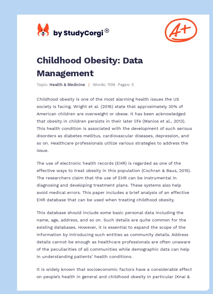 Childhood Obesity: Data Management. Page 1