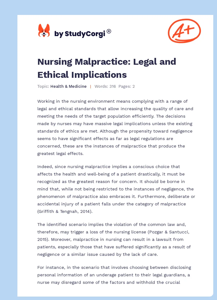 Nursing Malpractice: Legal and Ethical Implications. Page 1