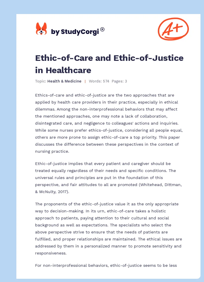 Ethic-of-Care and Ethic-of-Justice in Healthcare. Page 1