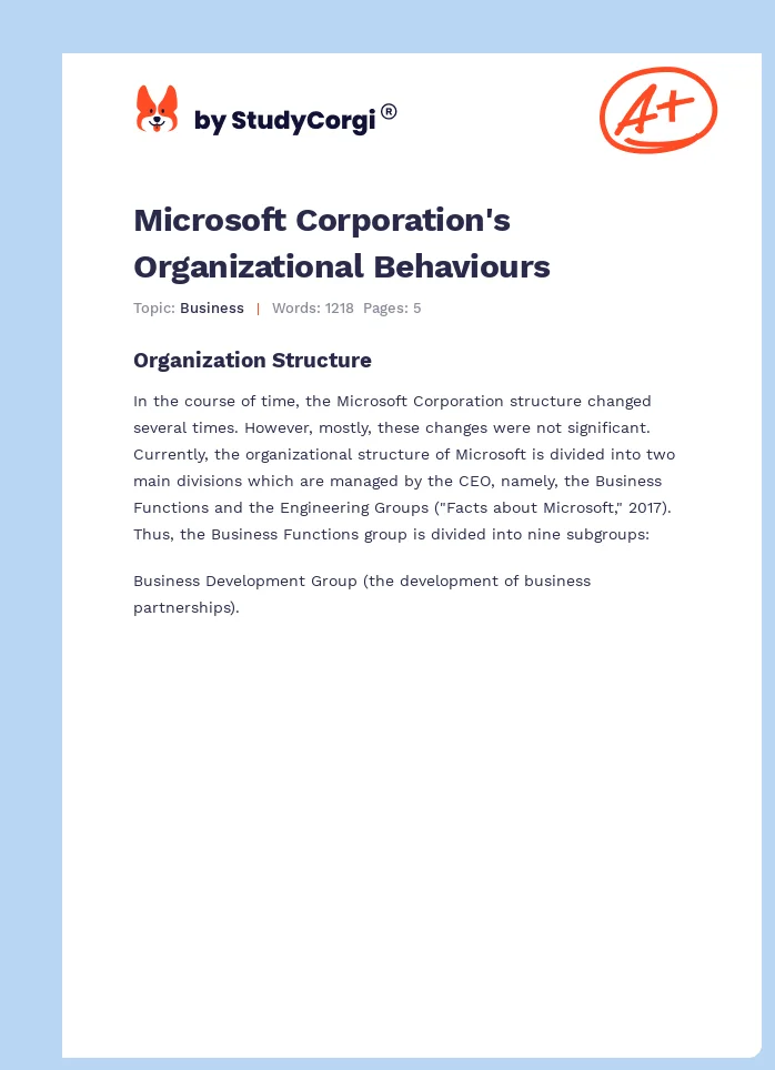 Microsoft Corporation's Organizational Behaviours. Page 1