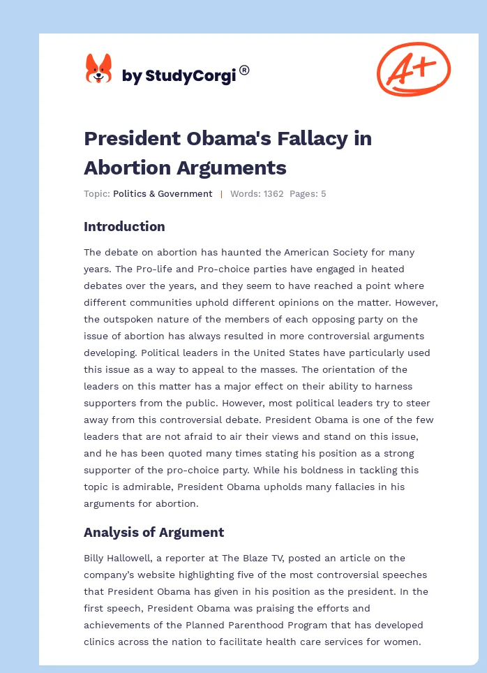 President Obama's Fallacy in Abortion Arguments. Page 1