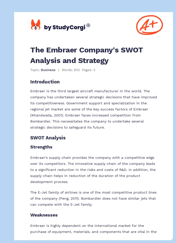 The Embraer Company's SWOT Analysis and Strategy. Page 1