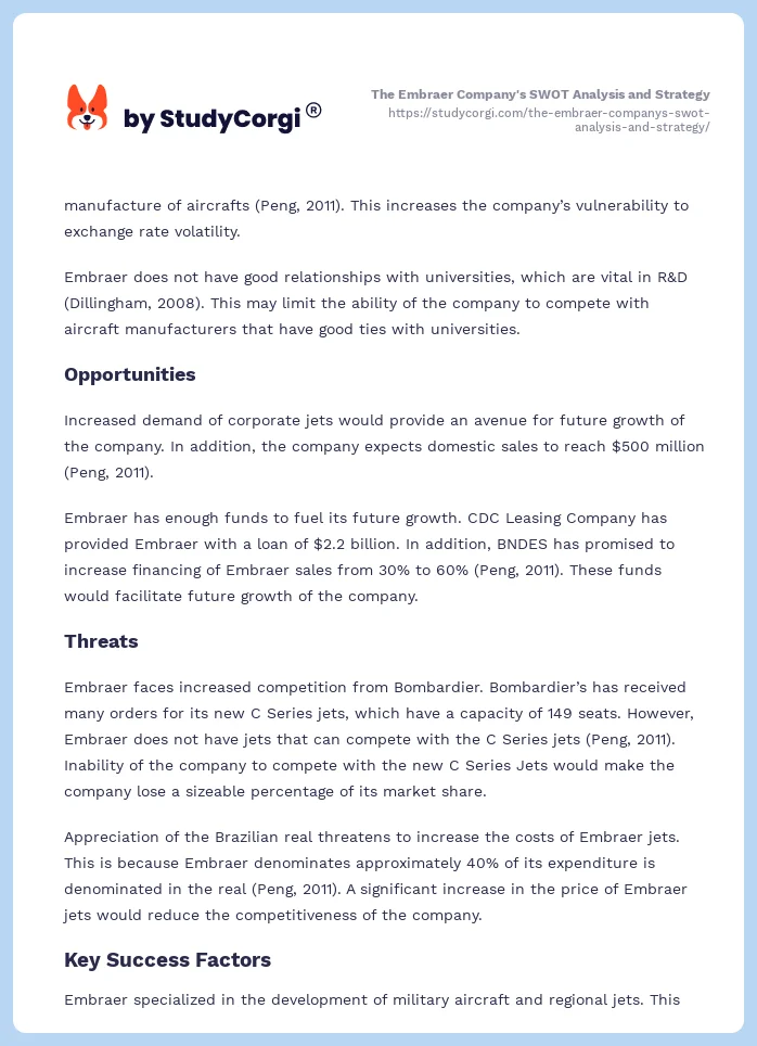 The Embraer Company's SWOT Analysis and Strategy. Page 2