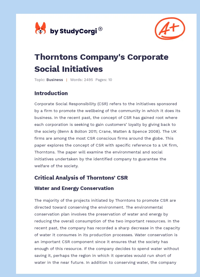 Thorntons Company's Corporate Social Initiatives. Page 1