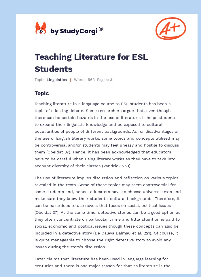 Teaching Literature for ESL Students. Page 1