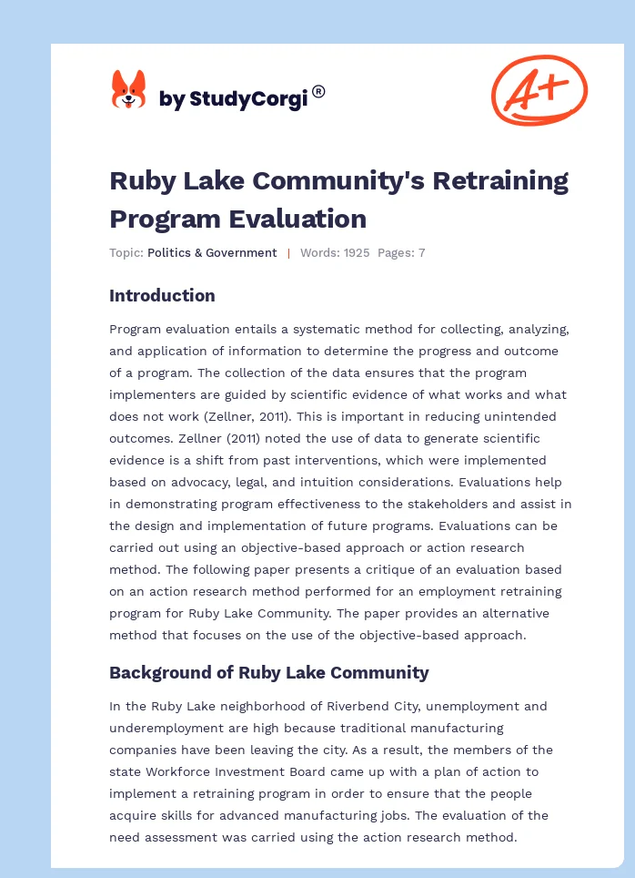 Ruby Lake Community's Retraining Program Evaluation. Page 1